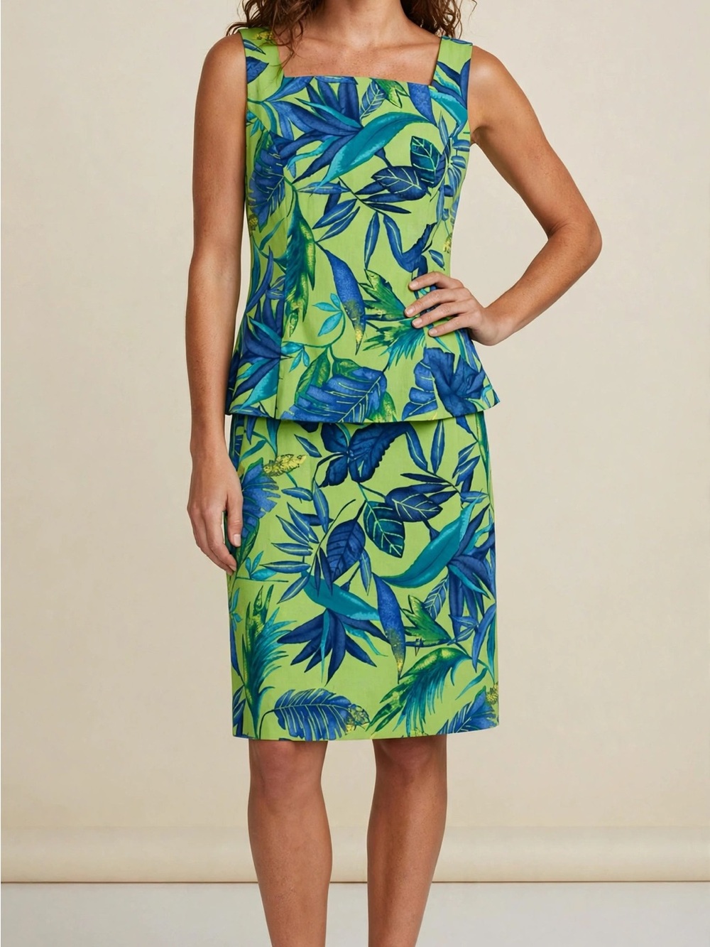 Green Tropical Leaf Two-Piece Skirt Set with Blue Leaf Print